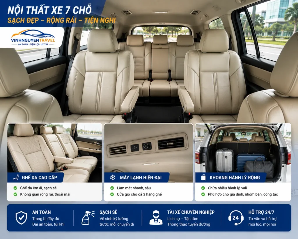 Nội thất xe đưa đón sân bay sạch sẽ, tiện nghi