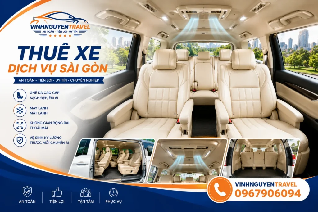 Nội thất xe du lịch sạch sẽ, rộng rãi mang lại trải nghiệm thoải mái cho hành khách
