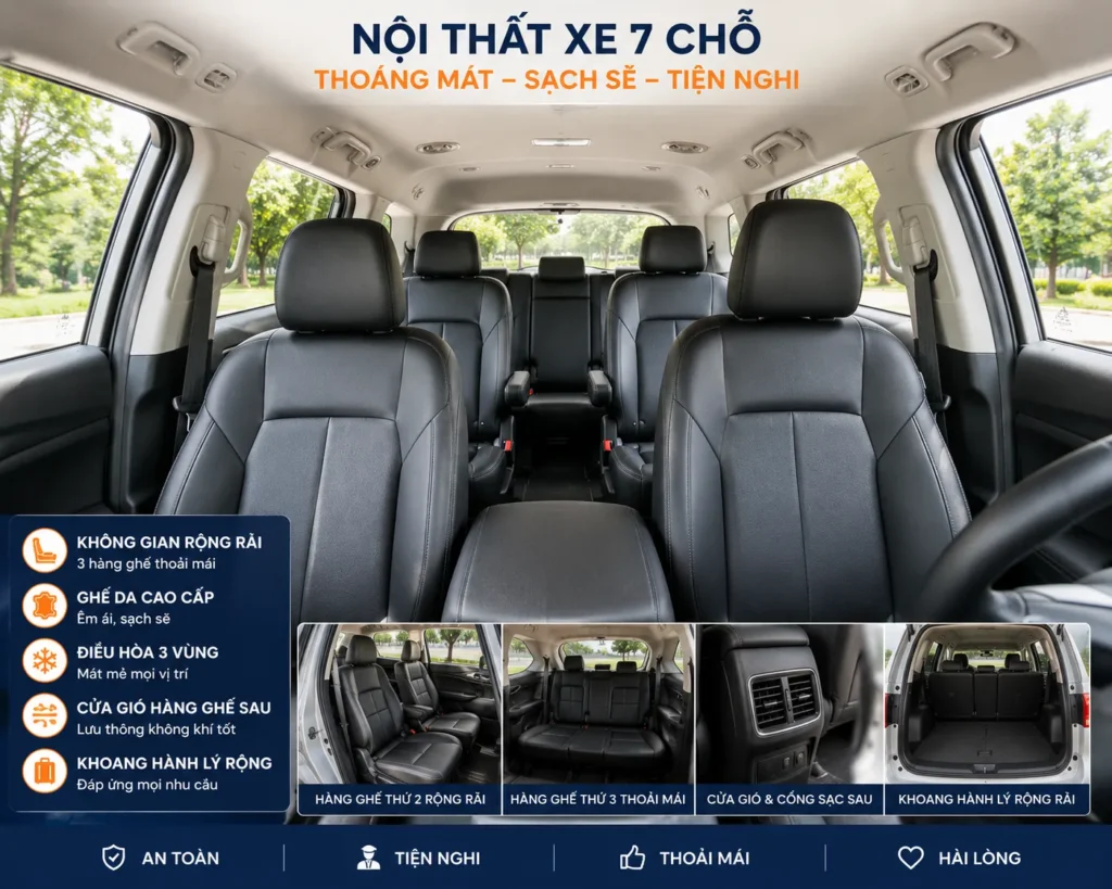 Nội thất xe sạch sẽ, ghế ngồi thoải mái và hệ thống máy lạnh hoạt động ổn định